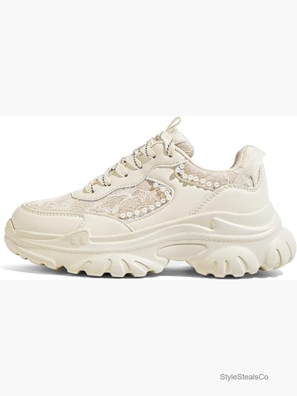 Chunky Platform Sneakers with Pearl-Like Beaded Chains - Classic Dad Shoes